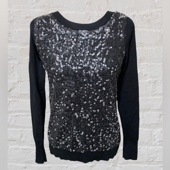 Express Black Sequin Embellished Lightweight Party Pullover Sweater Sparkle Glam - Picture 1 of 16